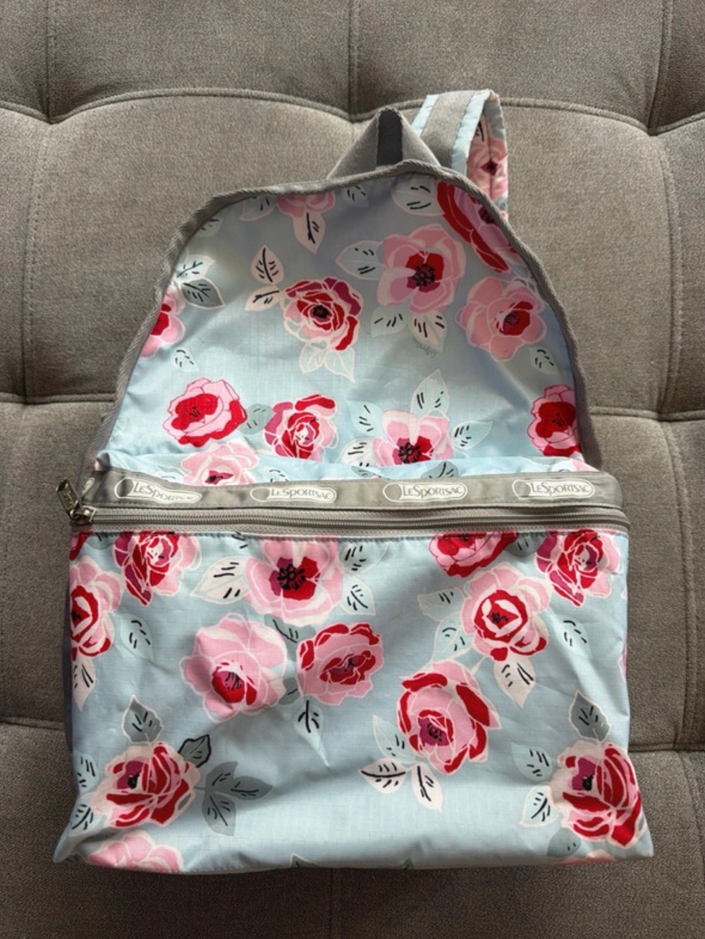LeSportsac Light Blue Floral Backpack with Pink and Red Roses